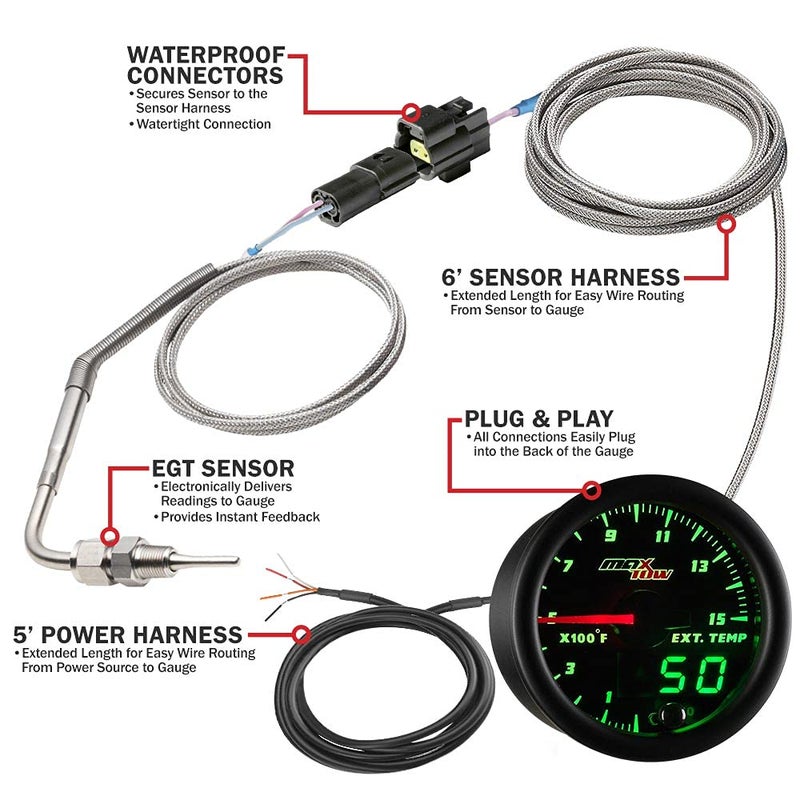 MaxTow Double Vision 1500F Pyrometer Exhaust Temp Gauge Kit - Includes 1/8-27 NPT Type K EGT Probe & Wiring - Black Dial - Green LED Lighting - Analog & Digital Readouts - for Diesel Trucks - 2-1/16" - Image 3